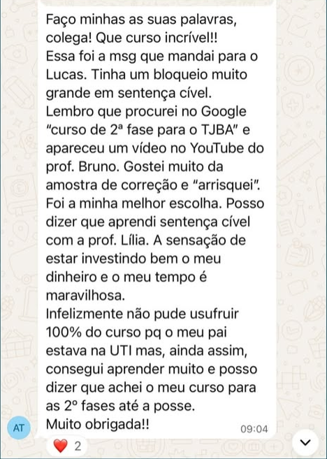 Mensagem de aluna relatando ter superado o bloqueio em sentença cível