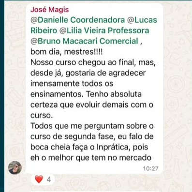 Mensagem de aluno recomendando o Inprática para a 2ª fase