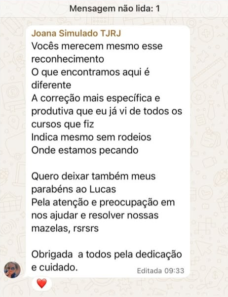 Mensagem de aluna elogiando a correção específica e produtiva do curso